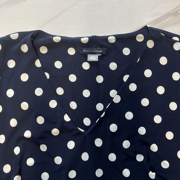 NWOT Tommy Hilfiger | Puff Sleeve V Neck Polka Dot Navy White Mini Dress 8 - Picture 5 of 7